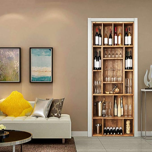 3D Door Wallpaper Self-Adhesive Door Sticker - Wine Cabinet - Door Film Poster Premium PVC Waterproof Wall Sticker for Bedroom Living Room Door Decoration Wallpaper 95 x 200 cm