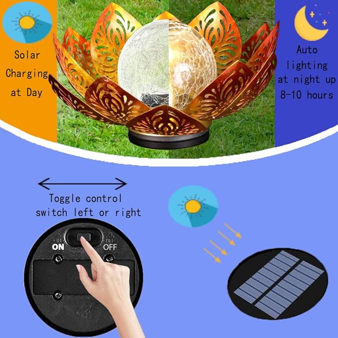 12 inches Solar Lights Outdoor Garden, Crackle Globe Glass Lotus Decoration, Waterproof LED Metal Flower Lights for Patio,Lawn,Walkway,Tabletop,Ground Gardening Gifts (Purple Hollow)