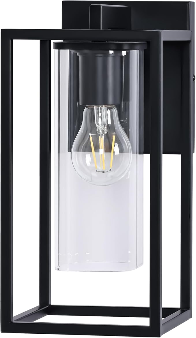 Pia Ricco Outdoor Wall Lights, Black Outdoor Wall Lantern with Square Clear Glass Shade, Waterproof Exterior Lighting Fixtures, Modern Front Porch Lighting for House, Garage, E26 Base, ETL Listed