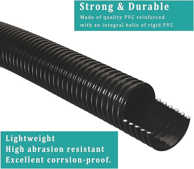 Pond Tubing ID 1 1/2” × 50ft Black Corrugated Flexible Reinforced Waterfall Pond Tube Sump Pump Hose, Non-toxic & Kinkproof (50 ft, 1 1/2" ID 38mm)