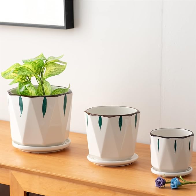7 5 4 inch Plant Pots for Indoor, Hand Painting Ceramic Flower Planter Outdoor Set of 3 with Drainage and Saucer, Succulent Pots for Mom Family