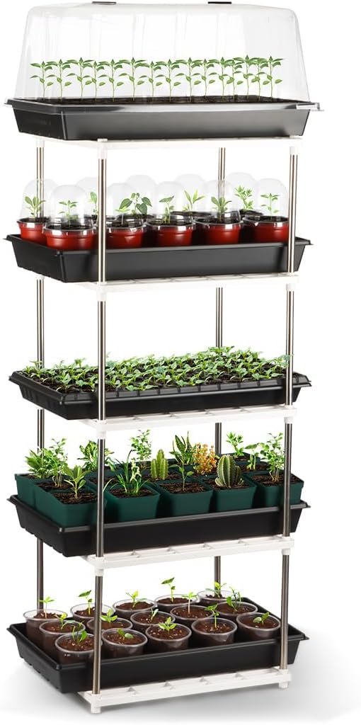 5 Layer Sprouting Tray Storage Shelf, Plant Tray Shelf Nursery Pot Tray Shelf Seeding Tray Container Shelves Indoor/Outdoor Plant Rack Holder (34.65''Hx13.58 Wx16.54 L, White)