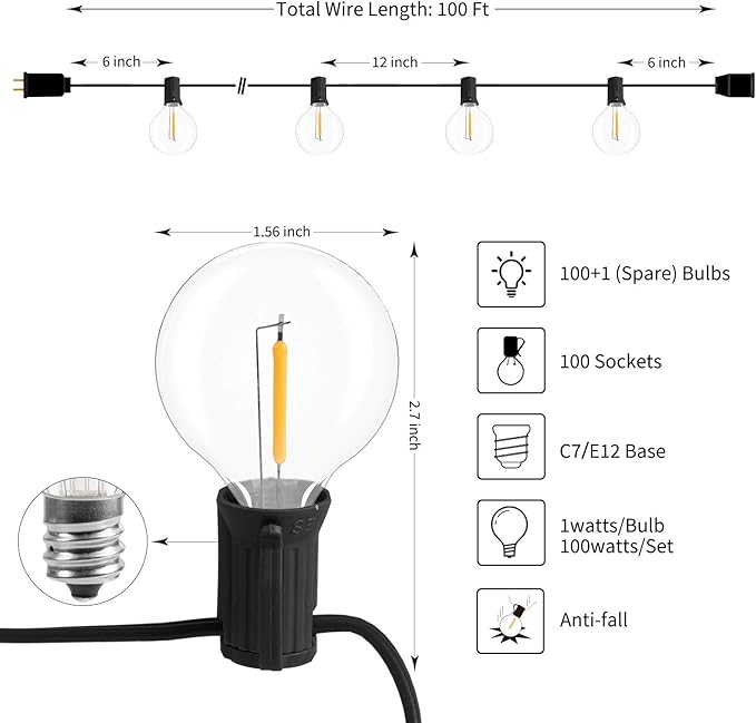 Brightown Led String Lights Outdoor 100Ft Waterproof G40 Patio Lights with 104(4 Spare) Led Shatterproof Bulbs, Led Globe Hanging Lights for Porch Bistro Balcony Backyard Decor, E12 Socket, 2200K