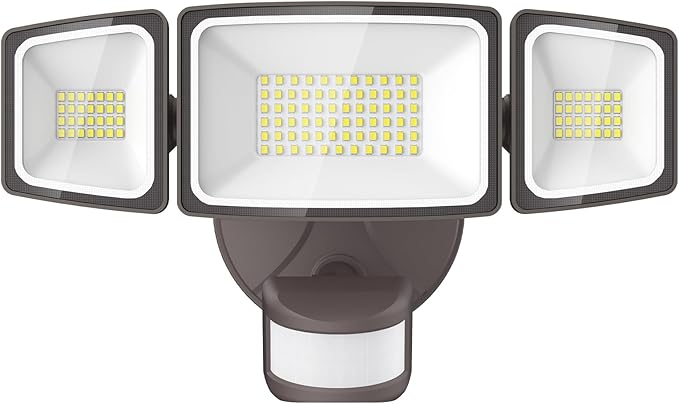 Onforu 65W LED Security Lights Motion Sensor Light Outdoor, 6500LM, 6500K, IP65 Waterproof, Flood Light Outdoor Motion Detector with Adjustable 3 Head, Hardwired Wall Light for Entryway, Yard (Brown)