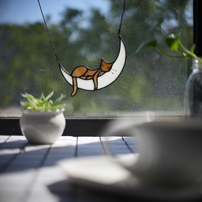 BOXCASA Sleeping Cat Stained Glass Windown Hanging,Yellow Cat on Moon Beautiful Handcrafted Sun Catcher Gifts for Daughter,Mothers Day,Christmas and Cat Lover