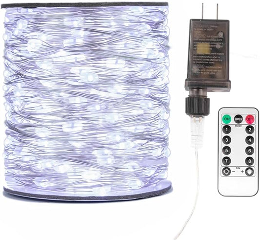 Fairy Lights Plug in,100FT 600 LEDs Waterproof String Lights,Twinkle Light with Remote for Outdoor Indoor Christmas Wedding Birthday Garden Party Decorations,2 Inch Space,Cool White