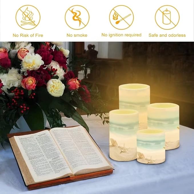 Beach Starfish Seashell Flameless LED Battery Candles 4 Pieces Pillar Fake Candles with Colored Light 4H 8H Timer Remote for Wedding Beach Party Decor