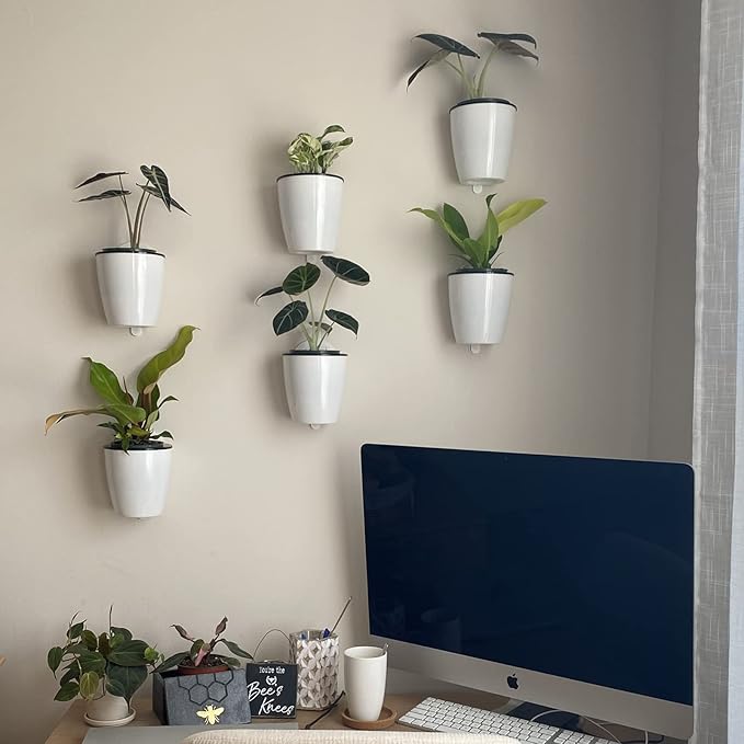 8 Packs 5" Plastic Self Watering Pots Wall Hanging Planters Wall Mounted Wicking Flower Pots for Indoor and Outdoor African Violet, Ocean Spider Plant, Orchid, White
