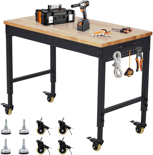 60'' Adjustable Workbench on Wheels, 2000LBS Heavy Duty Worktable with Power Outlets, Rubberwood Workstation for Workshop, Garage, Office, Home