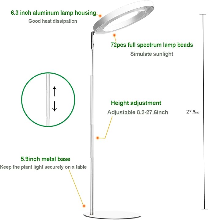 yadoker Plant Grow Light for Indoor Plant,Desk LED Grow Light,Height Adjustable,Automatic Timer with 8/12/16 Hours,10-Level Brightness,Ideal for Small Plant Grow