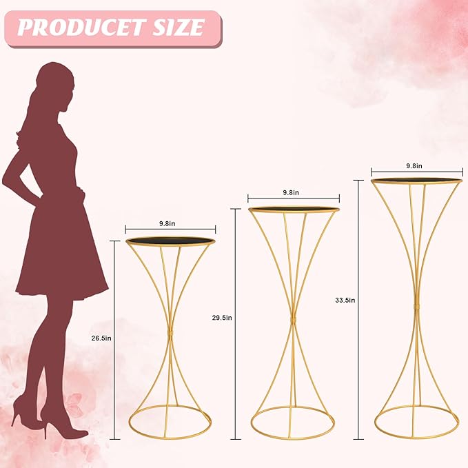 chamvis Gold Metal Plant Stand, 3 Pcs Tall Cylinder Pedestal Stands for Parties and Weddings, Gold Round Cylinder Tables for Living Room and Patio Decor (Hourglass)