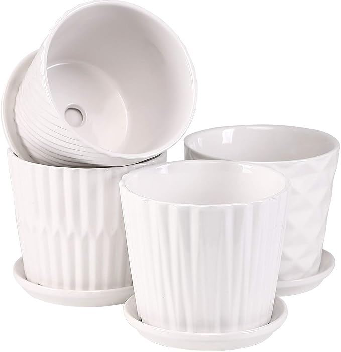 Plant Pots - 5.5 Inch Cylinder Ceramic Planters with Connected Saucer, Pots for Succuelnt and Little Snake Plants, Set of 4, White