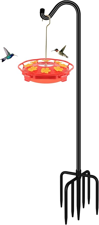 FEED GARDEN [Upgrade Version Adjustable Shepherds Hook Bird Feeder Pole with 7 Prongs Base, 76 Inch Tall Heavy Duty Outdoor Garden Poles for Hanging Bird Feeders, Plant Baskets, Black (1 Pack)