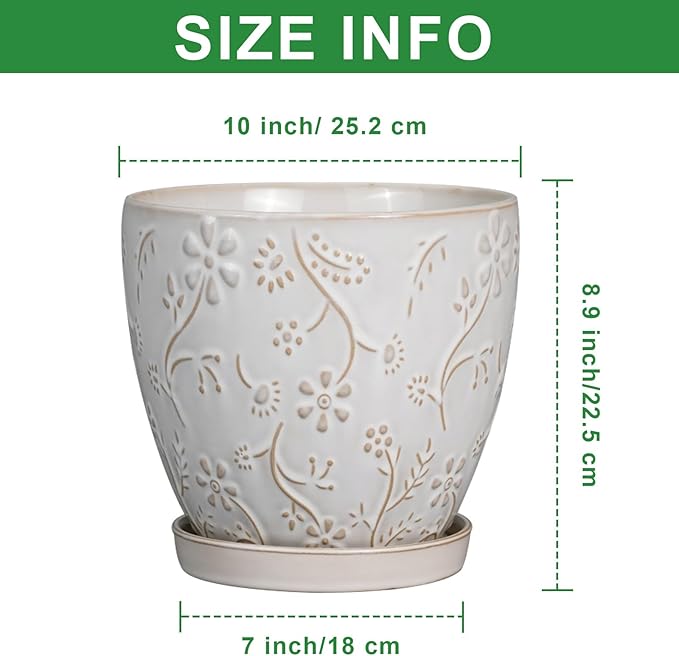 10 Inch Plant Pot Ceramic Planter Pot with Drainage Hole and Saucer Round Planter Large Flower Pot for Indoor Outdoor Plants Home Garden Decor White