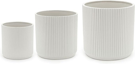 Amazon Basics Assorted Sizes Fluted Ceramic Round Indoor Outdoor Planters with Drainage, Set of 3, Modern Design, 6-Inch, 8-Inch, 10-Inch, White