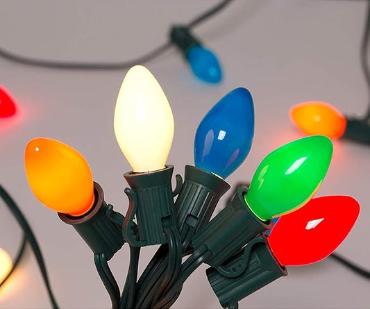 25Ft Multicolor Christmas Lights C7 Vintage Christmas String Lights with 27 Multicolor Ceramic Bulbs (2 Spare), Hanging Outdoor String Lights for Christmas Holiday Wedding Party Garden Decor- Green