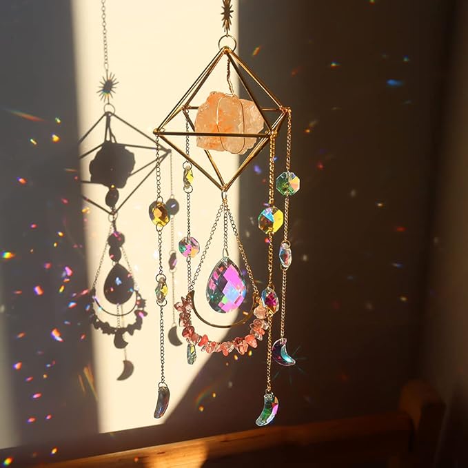 Orange Salt Crystal Suncatchers for Windows, Gemstone Sun Catcher Hanging, Unique Spiritual, Crystal Window Hanging, Boho Home Decor, Natural Stone (Orange Salt Stone)