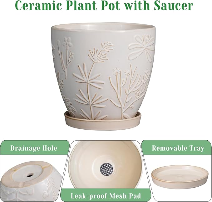 6 Inch Ceramic Plant Pot for Indoor Plants Outdoor Round Planter Flower Pot with Drainage Hole and Saucer for Home Garden Office Decor White