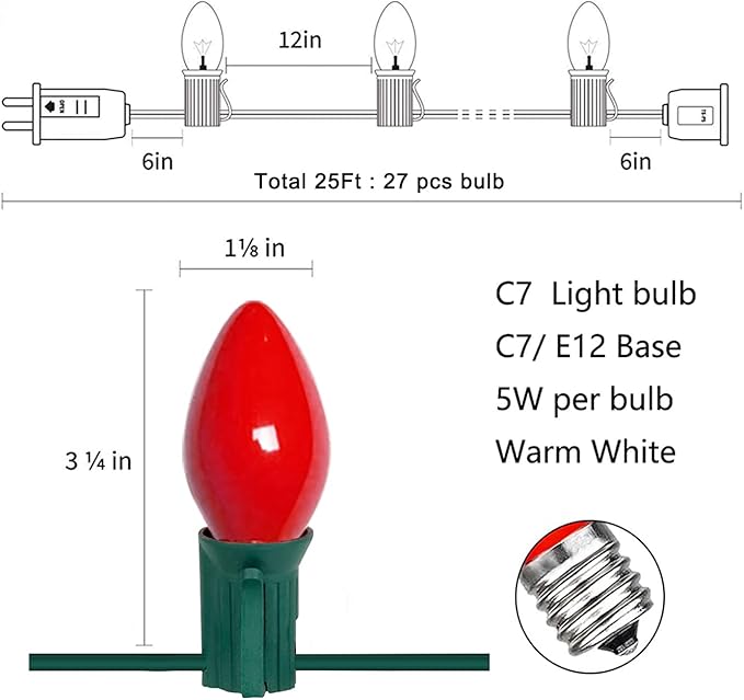 25Ft Christmas Lights Outdoor, C7 Vintage Christmas Lights with 27 Red White and Green Ceramic Bulbs, Hanging Outdoor Decorations Light Waterproof for Holidays Patio Garden Party Roofline