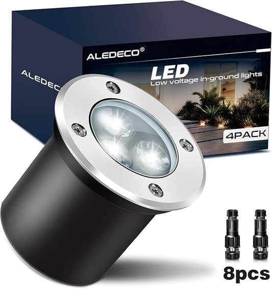 4Pack Low Voltage Landscape Lights with Connectors - 12-24V LED In-Ground Lights IP67 Waterproof Garden Lighting for Yard, Pathway, Driveway, Deck (Cool White)