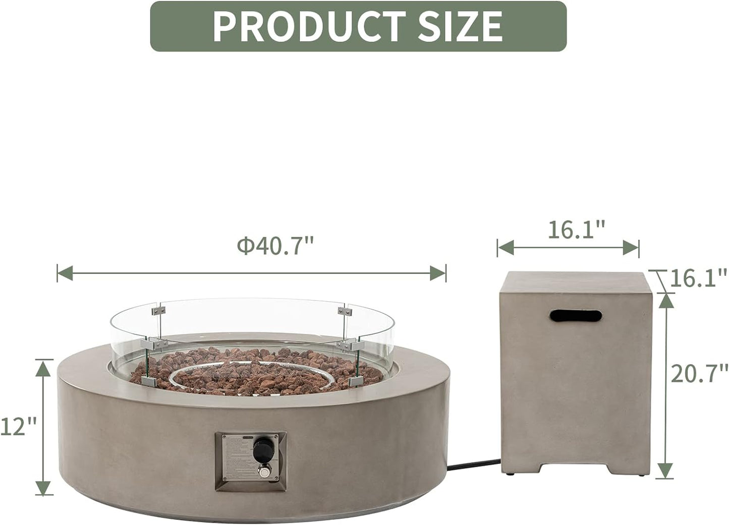 COSIEST 2-Piece Outdoor Propane Firepit Table Set w Tank Table, CSA Certified 42" Fire Table CSA Certified, 50,000 BTU w Gray Round Base,Wind Guard and 16 inches Tank Side Table 20lb for Garden,Pool