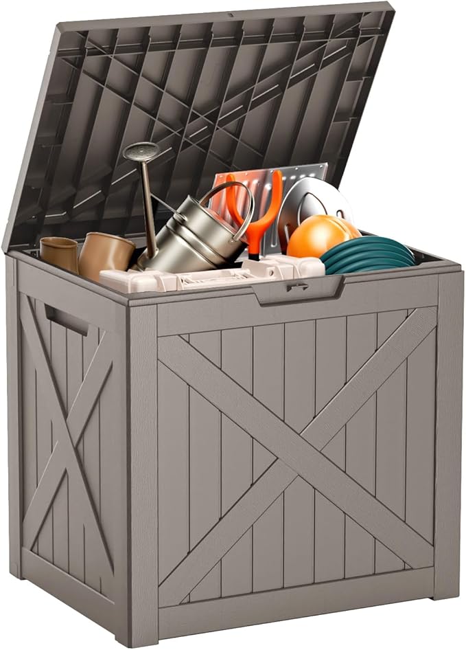 38 Gallon Outdoor Deck Box,Storage Lockable Waterproof Patio Furniture,Garden Tools,Cushions,Pool Accessories Outside Storage Resin Box(GreyX)