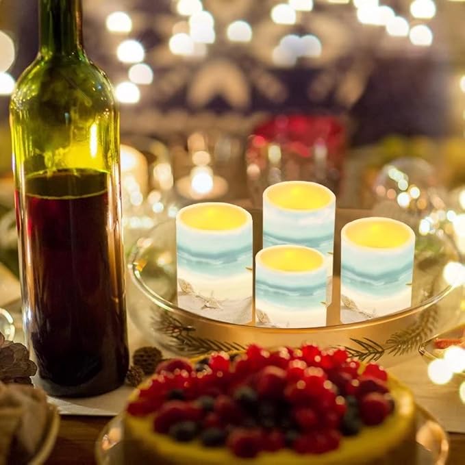 Beach Starfish Seashell Flameless LED Battery Candles 4 Pieces Pillar Fake Candles with Colored Light 4H 8H Timer Remote for Wedding Beach Party Decor