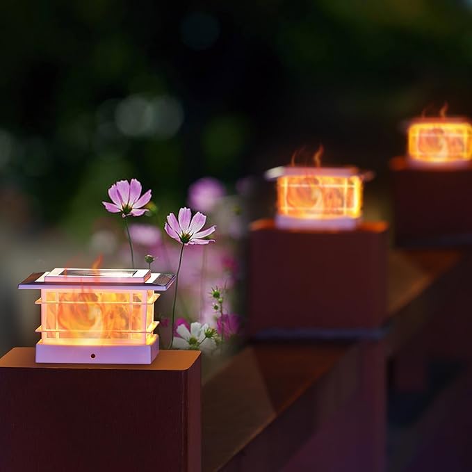 Dynaming 4 Pack Solar Flame Post Lights Outdoor, Solar Powered Fence Post White Shell Cap Light, High Brightness Flickering Flame LED Lighting for Garden Deck Patio, Fit 4x4 5x5 6x6 Vinyl/Wooden Posts