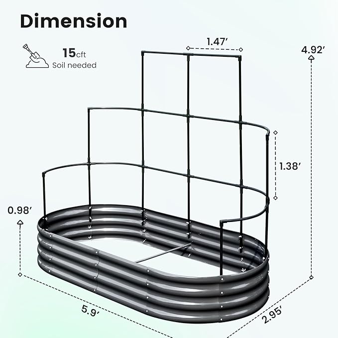 KING BIRD Raised Garden Bed with Wall Trellis Galvanized Planter Garden Box Outdoor for Gardening, Climbing Vegetables, Flowers 5.9x2.95x0.98 Ft, Dark Grey
