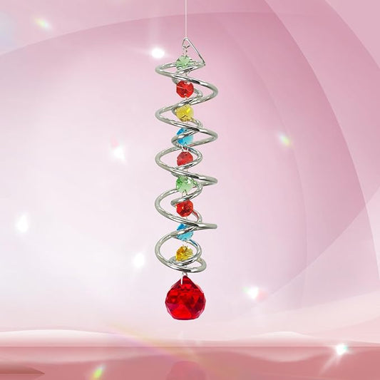 FONMY Gazing Ball Spiral Tail -Decorative Wind Spinner Sun Catcher Rainbow Maker Double-Spiral W/Red Crystal Ball and Chain Crystals for Indoor Outdoor Garden Decoration -14 inch Height