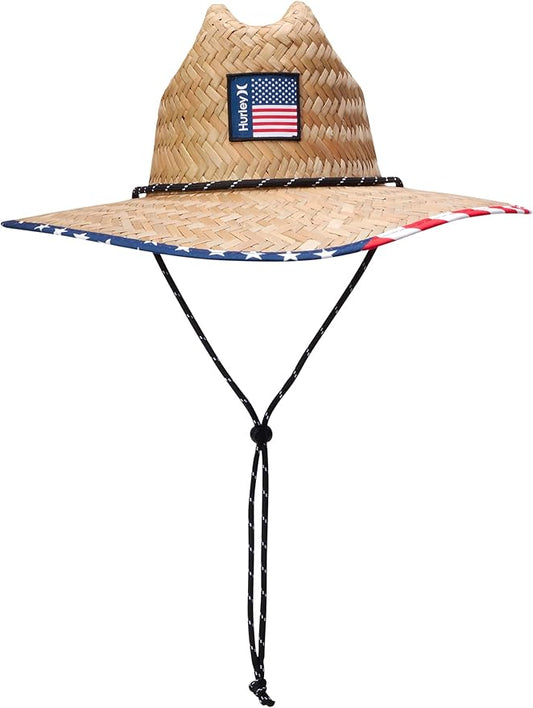 Hurley Men's Straw Hat - Wide Brim Channel Island Lifeguard Hat - Stylish Sun Hats for Men with Chin Strap