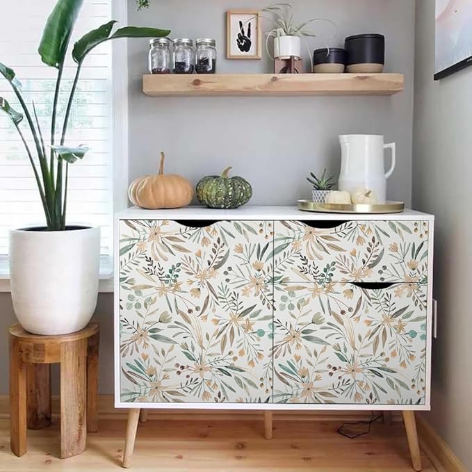 Boho Watercolor Brown Leaf Vintage Peel and Stick Wallpaper Self Adhesive Removable Easy Peel Off Stick on Wall Paper for Bedroom Cabinet Renter