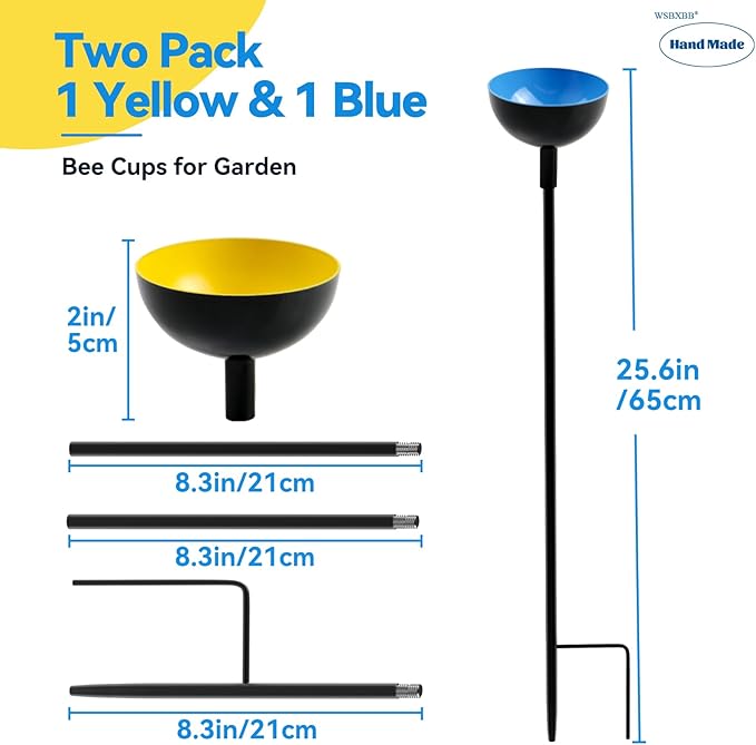 2 Pack Bee Cups For Garden, Bee Waterer And Butterfly Water Stations, Bee Water Catcher Cups For Thirsty Pollinators, Bee Bath, Colorful Metal Garden Sculpture Stakes Decor, Bee Houses For The Garden