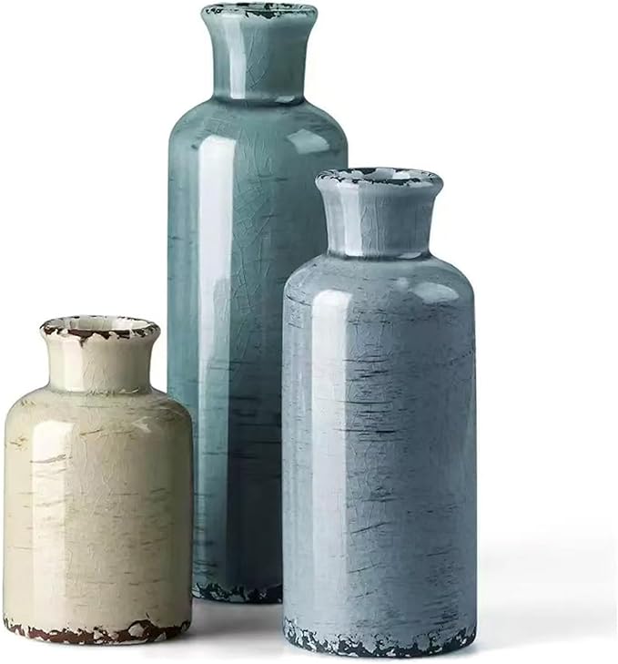Ceramic Vase Set of 3,Small Rustic Vintage Decorative Vase for Home Decor,Modern Farmhouse Vases for Living Room,Table Shelf,Centerpieces,Fireplace and Entrance Decorative-Multicolor