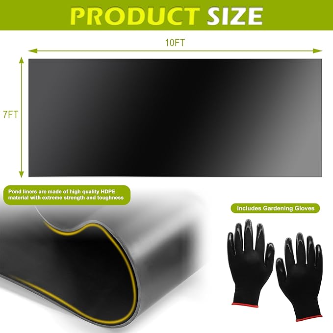 7 x 10 FT Pond Liner, 20 Mil Pond Liners for Outdoor Ponds, HDPE Pond Liner Easy Cutting Puncture Resistant, Pond Liners for Water Garden Fountain Waterfall, Koi Fish Aquaculture Pond