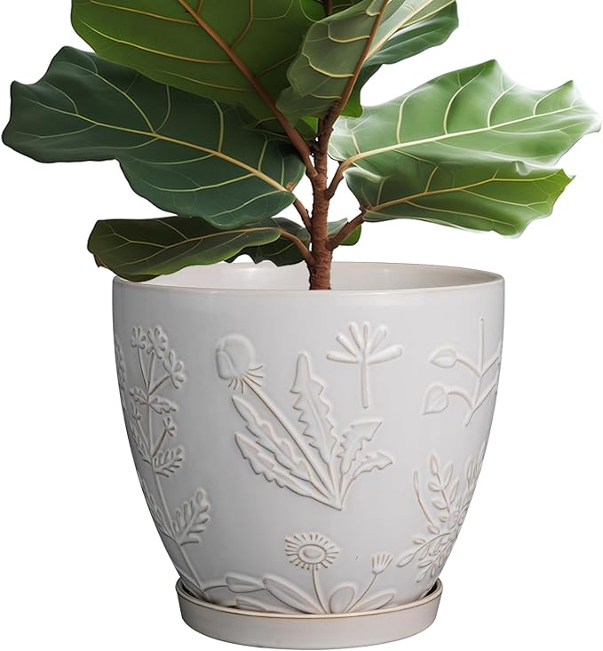10 Inch Plant Pot Ceramic Planter Pot with Drainage Hole and Saucer Round Planter Large Flower Pot for Indoor Outdoor Plants Home Garden Decor White
