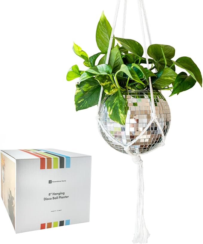 Hanging Disco Ball Planter 8" - with Acrylic Stand and Macrame Plant Hanger - Home Décor, Room Décor, Patio or Boho Décor, Mirror Disco Planter, Disco Decor (8" No Base)