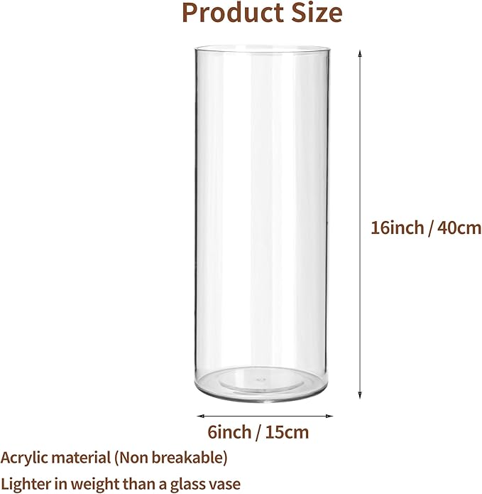 Clear Flower Vase, Non-breakable Vases, 6" W x 16" H, Acrylic Vase, Aesthetic Room Decor Cylindrical Modern Flower Vases for Table Centerpiece, Home Decor, Women Floral Arrangement Gift