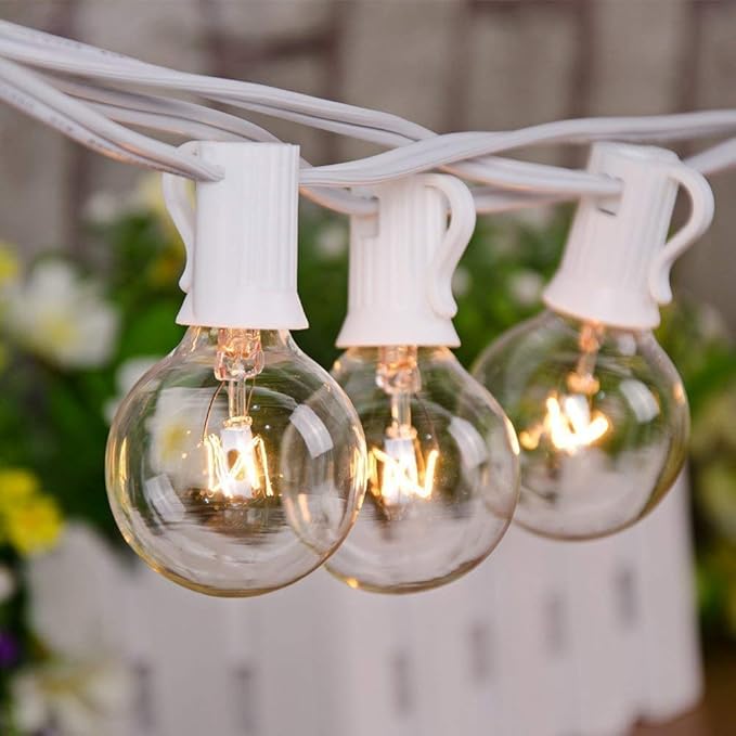 50FT Outdoor String Lights G40 Clear Globe String Lights Light Bulbs with 52 Clear Bulbs -5 Watt/120 Voltage/E12 Base -White Wire
