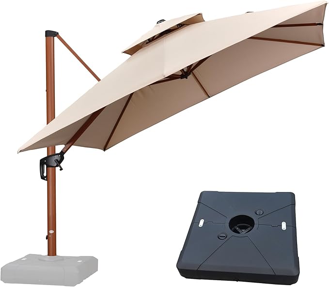 PURPLE LEAF 10ft Patio Umbrella with Base Outdoor Square Umbrella Large Cantilever Umbrellas Windproof Offset Heavy Duty Sun Umbrellas for Garden Deck Pool Patio, Beige