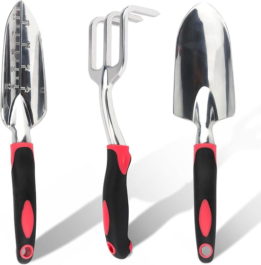 Garden Tool Set, 3PCS Heavy Duty Aluminum Gardening Tools with Soft Non-Slip Ergonomic Handle, Including Hand Trowel, Transplant Trowel and Cultivator Hand Rake for Planting, Digging, Weeding