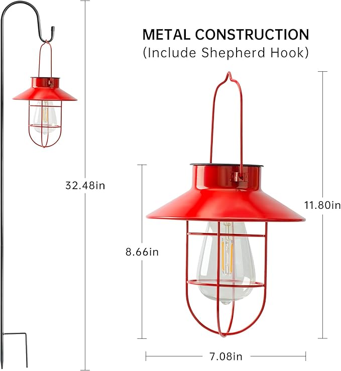 Solar Lantern with Shepherd Hook, Solar Lights Lantern lamp, Outdoor Lights Decor, Water Resistant Edison Bulb Lights for Garden Decor ,Outside Decor for Pathways,Patio, Lawn or Yard (Red，2 Pack)