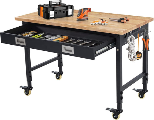 48'' Adjustable Workbench on Wheels, 2000LBS Heavy Duty Worktable with Power Outlets & Drawers, Rubberwood Workstation for Workshop, Garage, Office, Home