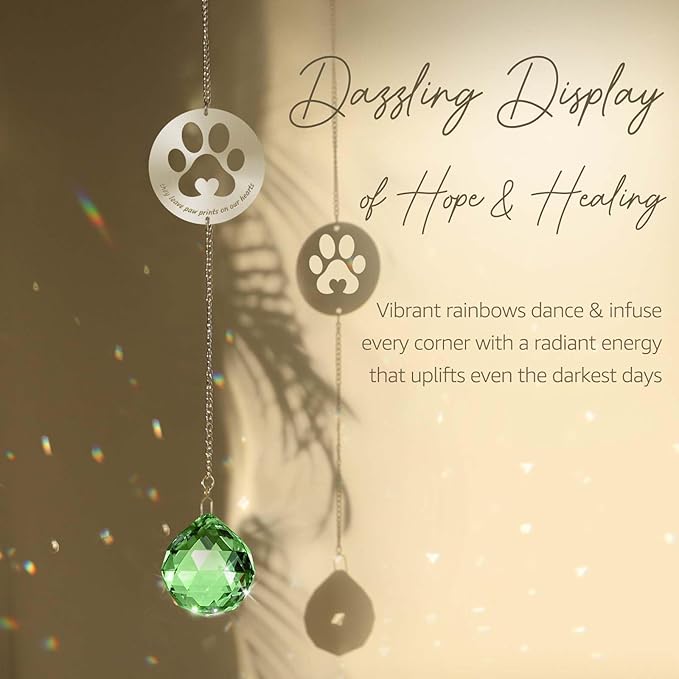 Dog Memorial Gifts, Unique Loss of Pet Sympathy Idea, Green Crystal Ball Rainbow Suncatcher with Paw Print for Cat or Dog Remembrance and Bereavement