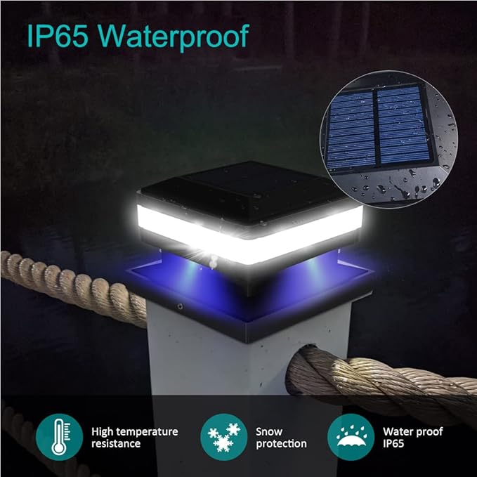 Sumaote Solar Post Lights 160LM 52 LED - 6x6 Posts Solar Light Outdoor Fence Deck Post Cap Lights fit 4x4 5x5 6x6 Wood Posts, IP65 Waterproof for Garden Porch Patio, 6000K White Lighting, 2 Pack