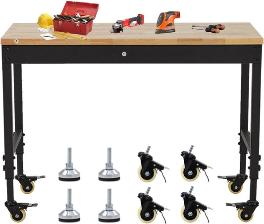 48x24 Inch Heavy-Duty Adjustable Workbench with Rubber Wood Top – 2000LB Capacity Mobile Garage Workstation, Locking Wheels, Power Outlets, Ideal for Workshop, DIY & Tool Storage (Black)