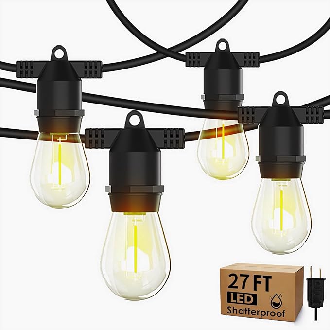 2 Pack 27Ft Led Outdoor String Lights,UL Listed Commercial Light String, S14 Edison Shatterproof Bulbs,for Patio Backyard Cafe Porch Garden Bistro Party Wedding Decoration