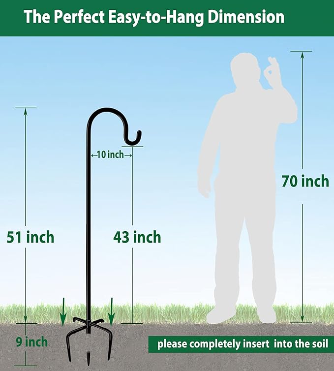 Artibear Adjustable Outdoor Shepherd Hook Stand with 5 Prong Base, 60 Inches Tall 3/5 in Thick, Shiny Black (2 Packs)