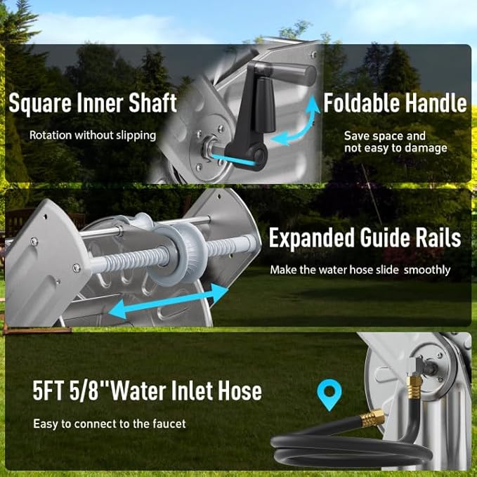 GREENER Stainless Steel Hose Reel For Outside,Wall Mount Garden Hose Holder Heavy Duty Metal Water Hose Reel, 3/4" Solid Connector with 5/8" Inlet Hose and Crank,80-Feet 1/2" Capacity