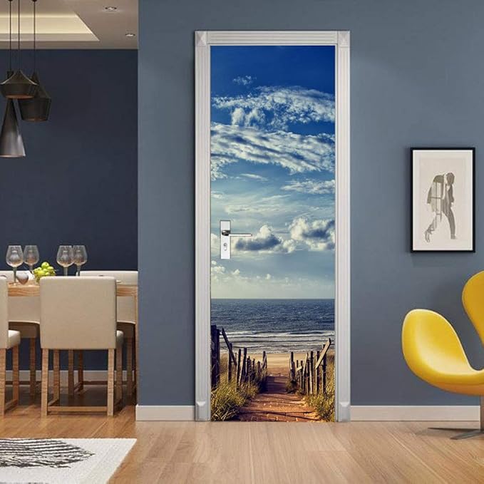 3D Door Wallpaper Self-Adhesive Door Poster - Road to The Beach - Door Film Photo Wallpaper Premium PVC Waterproof Door Sticker Wall Sticker for Bedroom Living Room Door Decoration Stickers 80 x 200